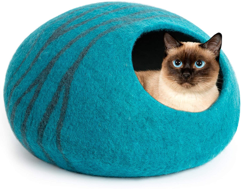 MEOWFIA Premium Felt Cat Bed Cave (Medium) - Handmade 100% Merino Wool Bed for Cats and Kittens (Black/Aqua/Medium) Animals & Pet Supplies > Pet Supplies > Cat Supplies > Cat Beds MEOWFIA Aquamarine  