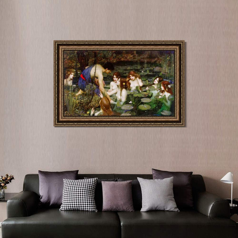 INVIN ART Framed Canvas Art Giclee Print Hylas and the Nymphs,1896 by John William Waterhouse Wall Art Living Room Home Office Decorations(Vintage Embossed Gold Frame,26"X40") Home & Garden > Decor > Artwork > Posters, Prints, & Visual Artwork INVIN ART   