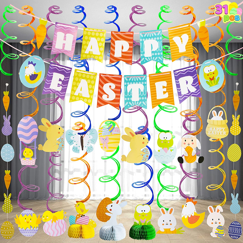 JOYIN 31 PCS Easter Decorations Egg Bunny Foil Swirl Party Hanging Decoration Mega Value Kit for Easter and Themed Party Decoration Home & Garden > Decor > Seasonal & Holiday Decorations JOYIN Bunny  