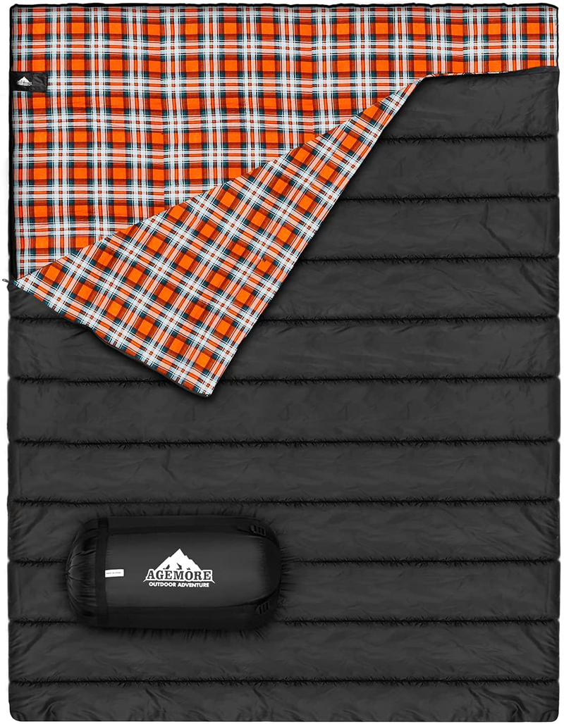Cotton Flannel Double Sleeping Bag for Camping, Backpacking, or Hiking. Queen Size 2 Person Waterproof Sleeping Bag for Adults or Teens. Truck, Tent, or Sleeping Pad, Lightweight（Pillows NOT Include） Sporting Goods > Outdoor Recreation > Camping & Hiking > Sleeping Bags AGEMORE Black/ Orange  
