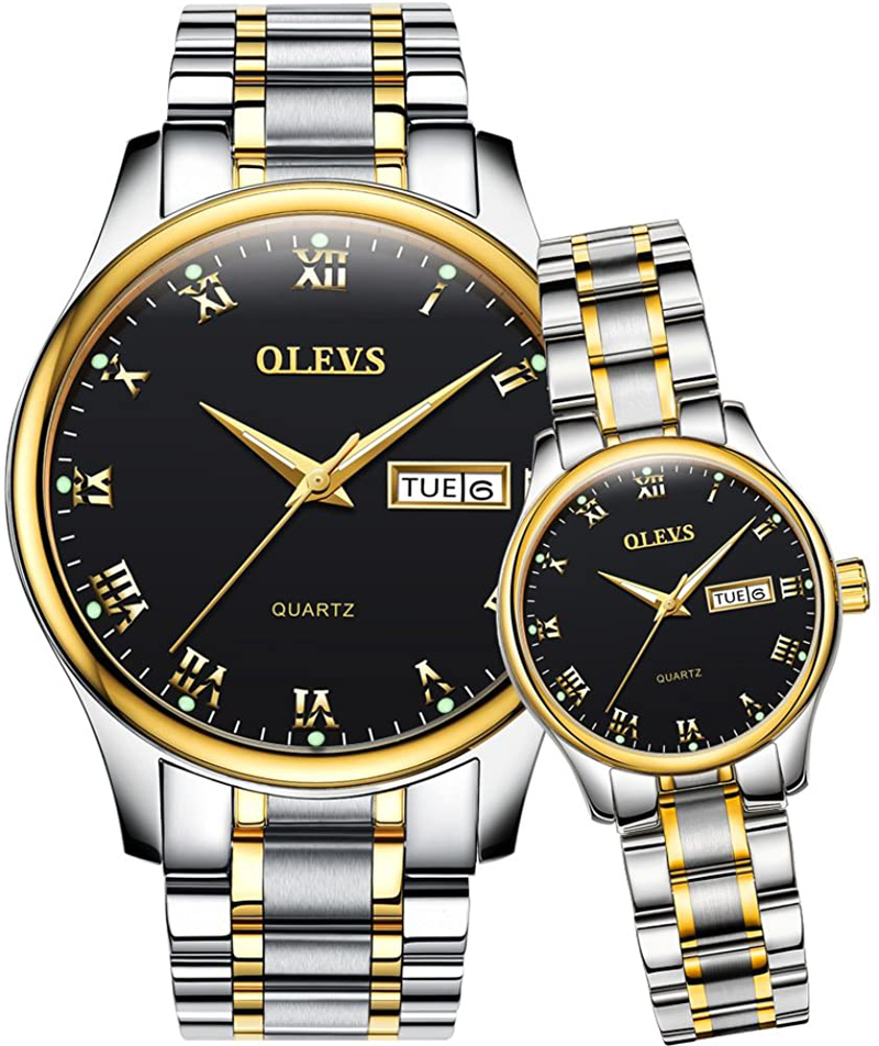 OLEVS Valentines Couple Pair Quartz Watches Luminous Calendar Date Window 3ATM Waterproof, Casual Stainless Steel His and Hers Wristwatch for Men Women Lovers Wedding Romantic Gifts Set of 2 Home & Garden > Decor > Seasonal & Holiday Decorations OLEVS Black dial  