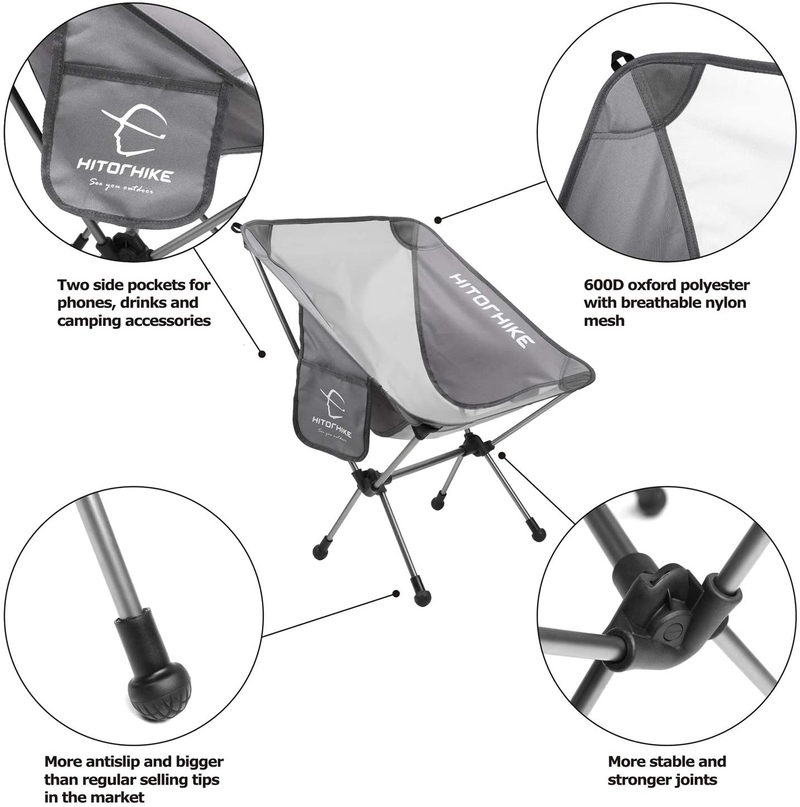 Hitorhike Camping Chair Breathable Mesh Construction 2 Side Pockets Aluminum Frame Camp Chair with Carry Bag Compact and Lightweight Folding Chair for Backpacking and Camping 2PACK Sporting Goods > Outdoor Recreation > Camping & Hiking > Camp Furniture HITORHIKE   