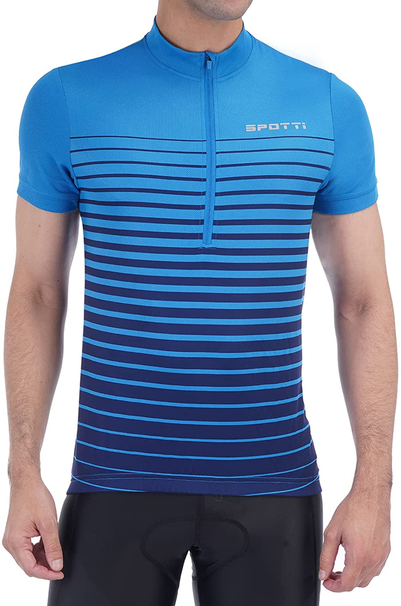 Spotti Men's Cycling Bike Jersey Short Sleeve with 3 Rear Pockets- Moisture Wicking, Breathable, Quick Dry Biking Shirt Sporting Goods > Outdoor Recreation > Cycling > Cycling Apparel & Accessories Spotti Blue Stripe 3X-Large 