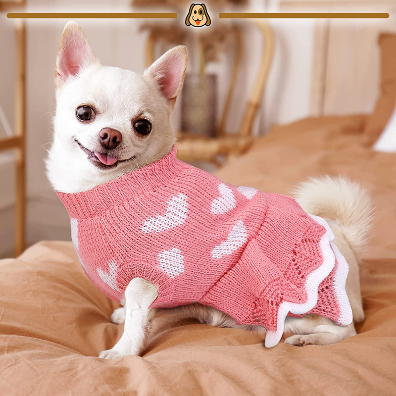 Pedgot 2 Pieces Dog Sweater Puppy Sweater Dress Warm Heart Pattern Dog Princess Dress Knitted Clothes Turtleneck Knitwear Skirt for Fall Winter Pets Animals & Pet Supplies > Pet Supplies > Dog Supplies > Dog Apparel Pedgot   