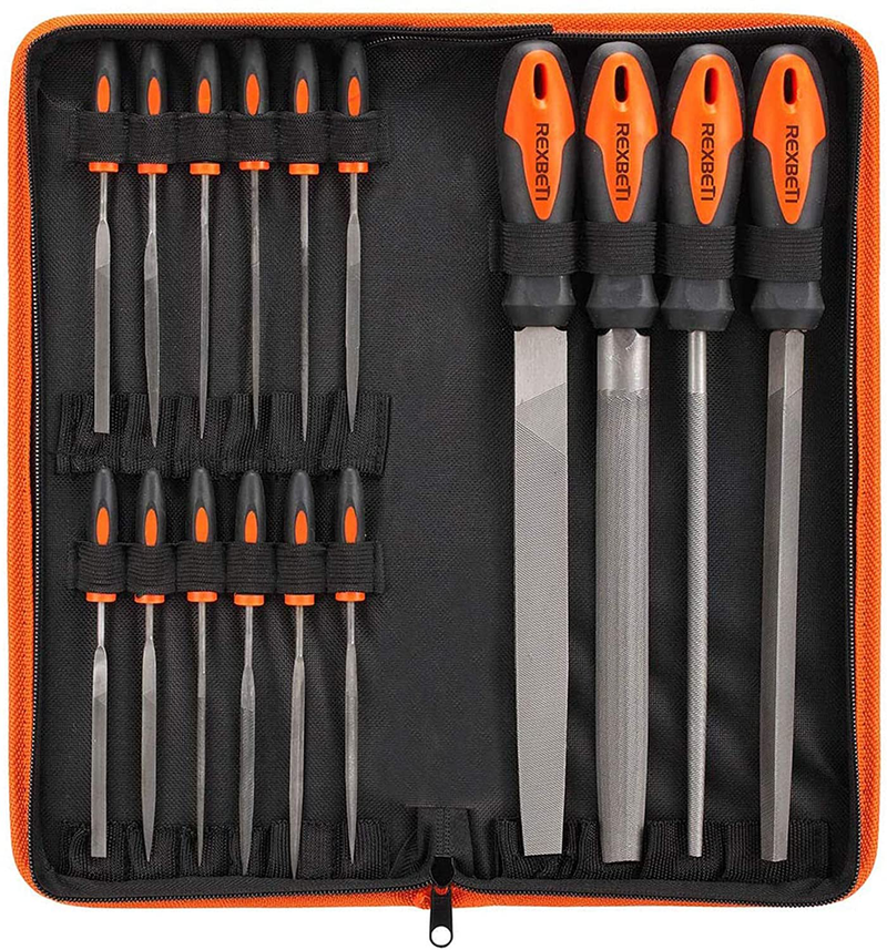 REXBETI 16Pcs Premium Grade T12 Drop Forged Alloy Steel File Set with Carry Case, Precision Flat/Triangle/Half-round/Round Large File and 12pcs Needle Files, Soft Rubbery Handle, Perfect Shaping Tool Hardware > Tools > Tool Sets > Hand Tool Sets REXBETI Default Title  