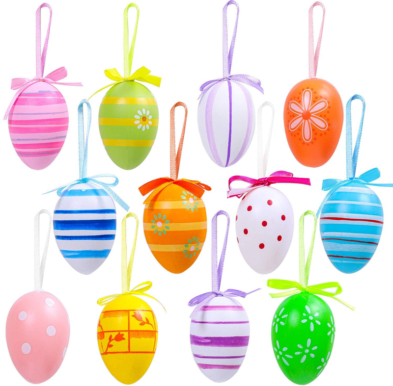 Elcoho 16 Pieces Easter Hanging Eggs Colorful Plastic Easter Eggs Easter Hanging Ornaments Easter Decoration, Random Styles