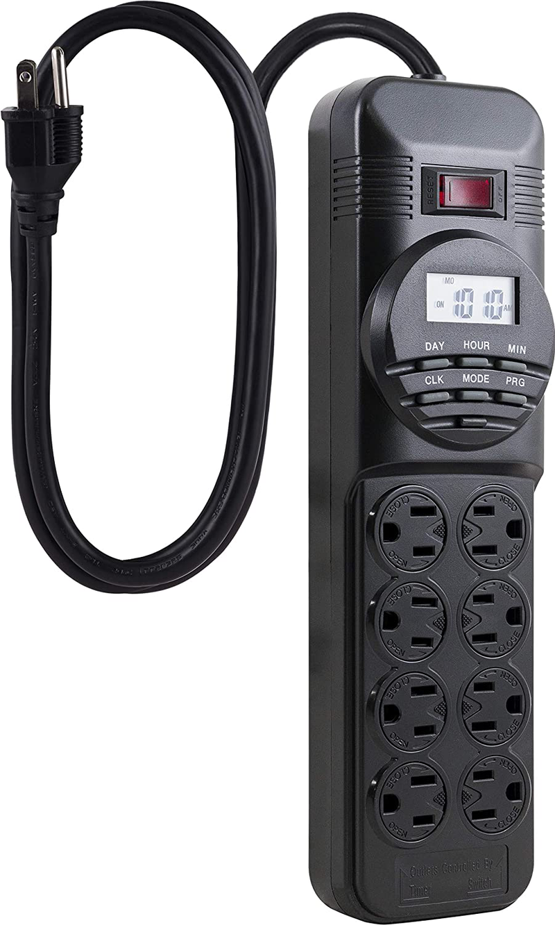 GE 7-Day Programmable Power Strip with Digital Timer, 8 Grounded Outlets (4 Timed / 4 Always On), Indoor, 15 Amp, 1800W, Easy Presets and Custom Settings for Weekly Cycle, Minute Intervals, 15077 Black Home & Garden > Lighting Accessories > Lighting Timers GE Default Title  