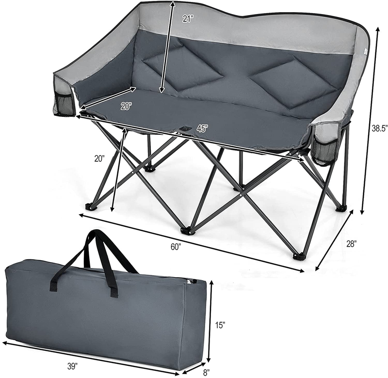 Goplus Loveseat Camping Chair, Double Folding Chair for Adults Couples W/Storage Bags & Padded High Backrest, Oversize Camp Seat for Fishing Picnic (Grey)