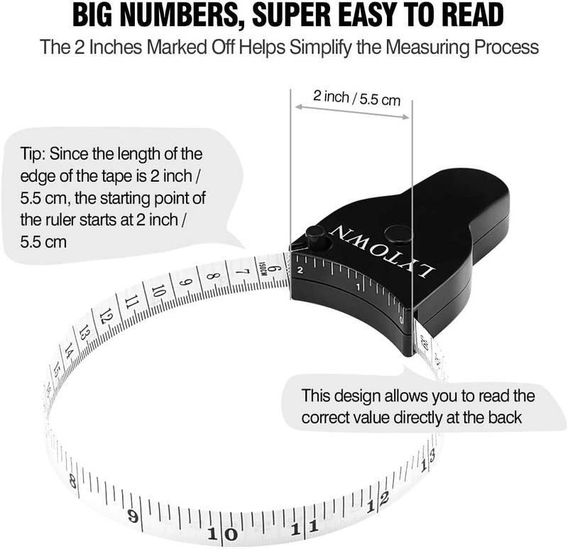 Tape Measure Body Measuring Tape 60inch (150cm), Lock Pin & Push Button Retract, Ergonomic Design, Durable Measuring Tapes for Body Measurement & Weight Loss, Accurate Sewing Tape Measure, Black+White