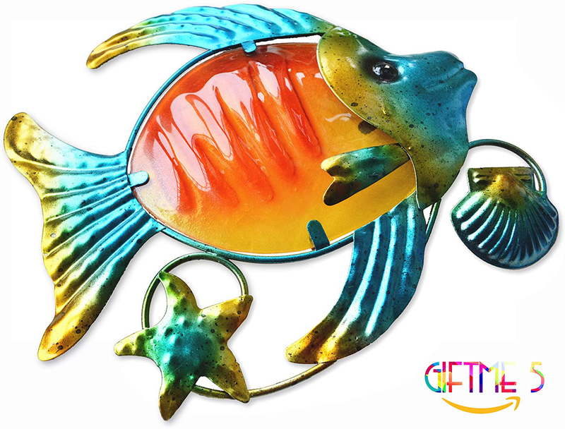 GIFTME 5 Metal Beach Wall Art Decor Set of 3 Metal Seaturtle Fish and Crab with Stained Glass Wall Art for Pool, Patio, Bathroom or Pool,Deck,Balcony Wall Decor(10 inch,Multicolor) Home & Garden > Decor > Artwork > Sculptures & Statues GIFTME 5   