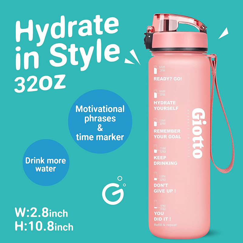 Giotto 32oz Motivational Water Bottle with Times & Removable Strainer to drink, Resuable Leakproof BPA Free Sports Water Jug to Remind You Drink More Water Sporting Goods > Outdoor Recreation > Winter Sports & Activities Giotto   