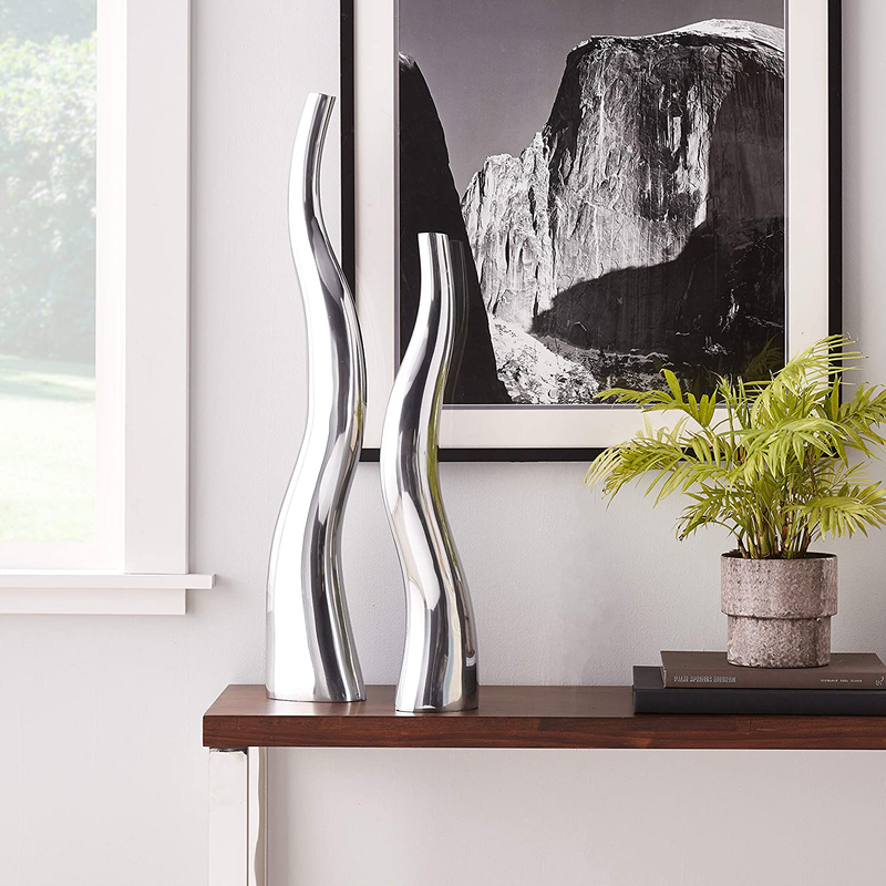 Modern Day Accents Curva Tall Set of 2, Silver, Aluminum, Contemporary, Modern, Wiggly, Popular, Glam, Floor Standing, Lg 6 32, Sm Vase: 5” x 3.5” x 24 Home & Garden > Decor > Vases Modern Day Accents   