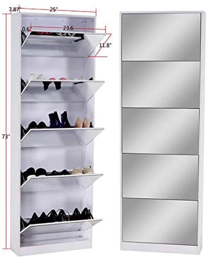 Organizedlife White Wooden Shoe Cabinet Mirror Shoe Organizer with with 5 Racks Furniture > Cabinets & Storage > Armoires & Wardrobes Organizedlife   