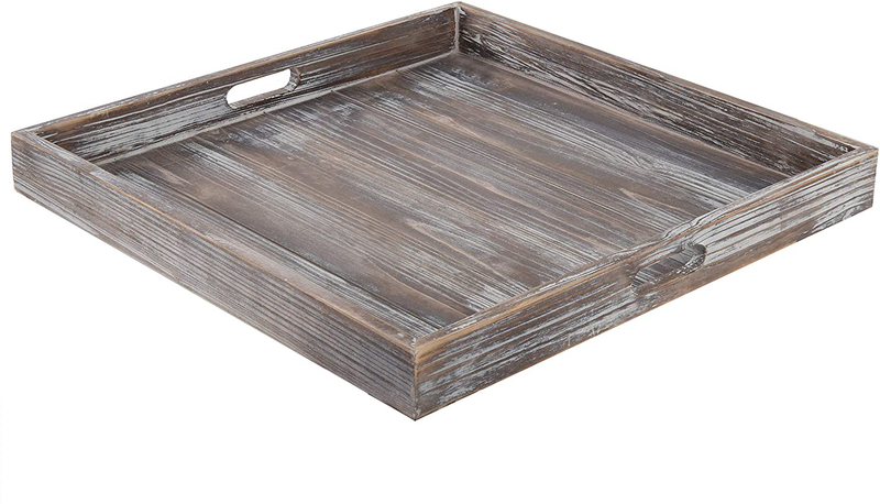 MyGift 19-Inch Square Rustic Torched Wood Ottoman Tray, Serving Tray for Breakfast in Bed, Tea, Coffee with Cutout Handles Home & Garden > Decor > Decorative Trays MyGift   