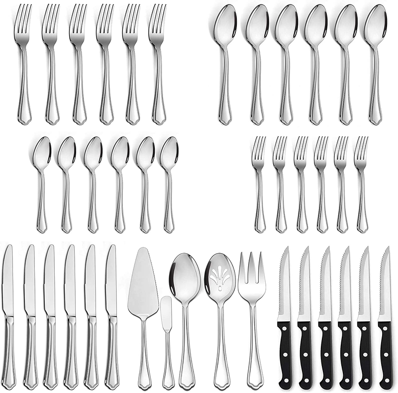 LIANYU 77-Piece Silverware Flatware Set for 12, Plus Steak Knives and Serving Utensils, Stainless Steel Flatware Cutlery Set, Eating Utensils Tableware with Scalloped Edge, Dishwasher Safe