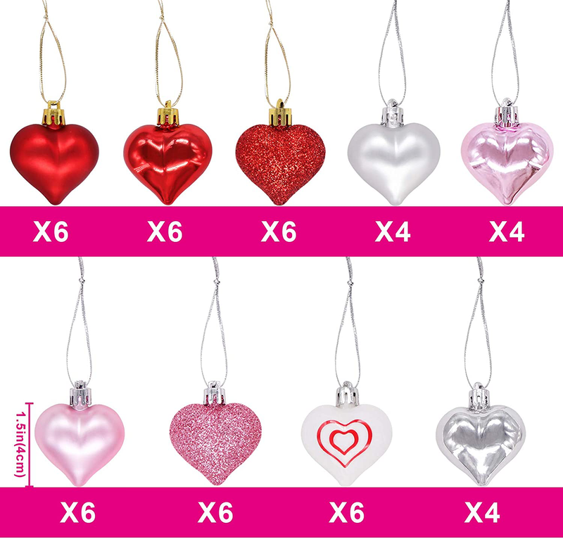 Ivenf Valentine'S Day Decorations Heart Shaped Ornaments,48 Pcs Red Pink Silver White Plastic Hanging Baubles, Tree Ball Heart Glitter Decor for Wedding Decorations Gift Home & Garden > Decor > Seasonal & Holiday Decorations Ivenf   
