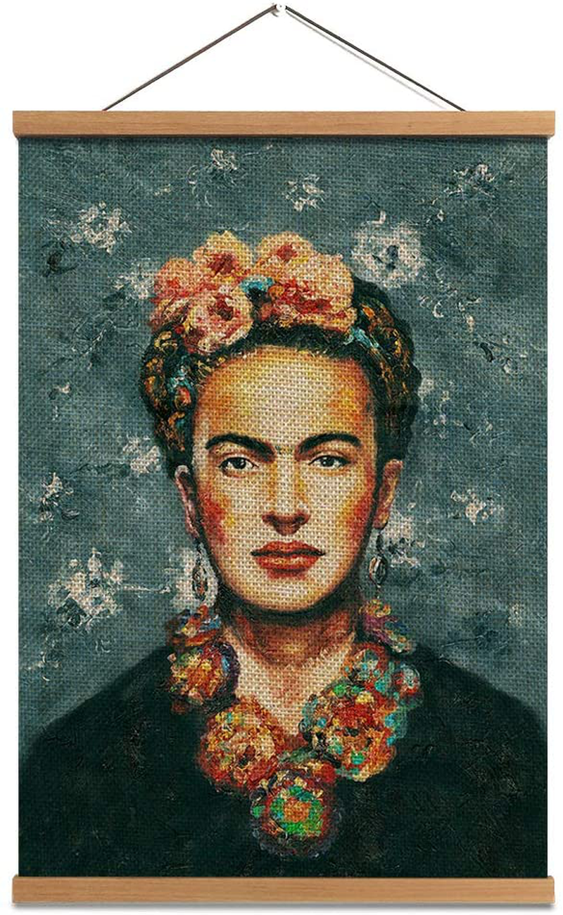 Hanging Poster Frida Kahlo Wall Art - Linen Canvas Prints Portrait Art Painting Picture with Scroll Teak Wood Hanger Ready to Hang for Wall Decor 16x24inch Home & Garden > Decor > Seasonal & Holiday Decorations HW Hongwu C3 -- Frida poster 16x24inch 