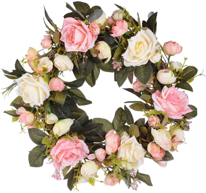 Lvydec Artificial Rose Flower Wreath - Door Wreath 13 Inch Fake Rose Spring Wreath for Front Door, Wall, Wedding, Home Décor Home & Garden > Plants > Flowers Lvydec Pink and White  