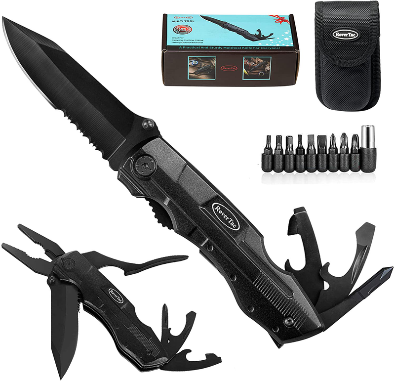Rovertac Pocket Knife Folding Multitool Knife Christmas Gifts for Men Pliers Screwdriver Bottle Opener Liner Lock Durable Sheath Perfect for Camping Fishing Hiking Adventuring Sporting Goods > Outdoor Recreation > Camping & Hiking > Camping Tools RoverTac Black  