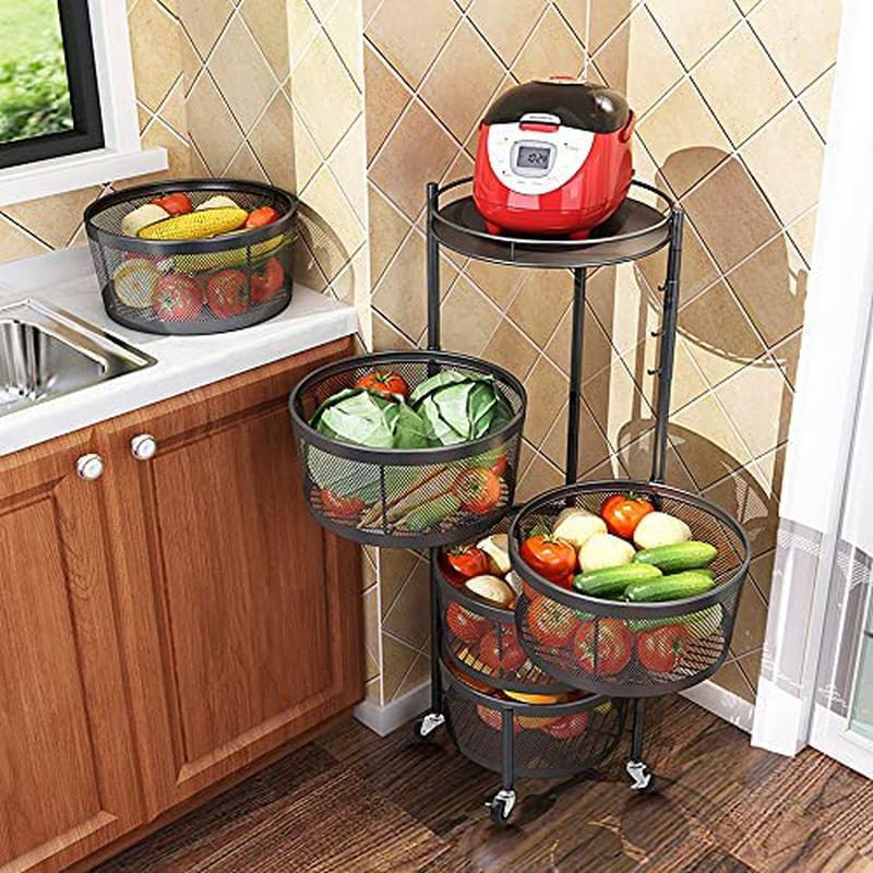 Rack-Rotating Vegetable Rack Floor-Standing Rotating Storage Shelf Stand round Multi-Layer Kitchen Trolley 5 Tier Household Organizer with Wheels for Bathroom Living Room Bedroom (Black) Home & Garden > Kitchen & Dining > Food Storage IKESOMUE   
