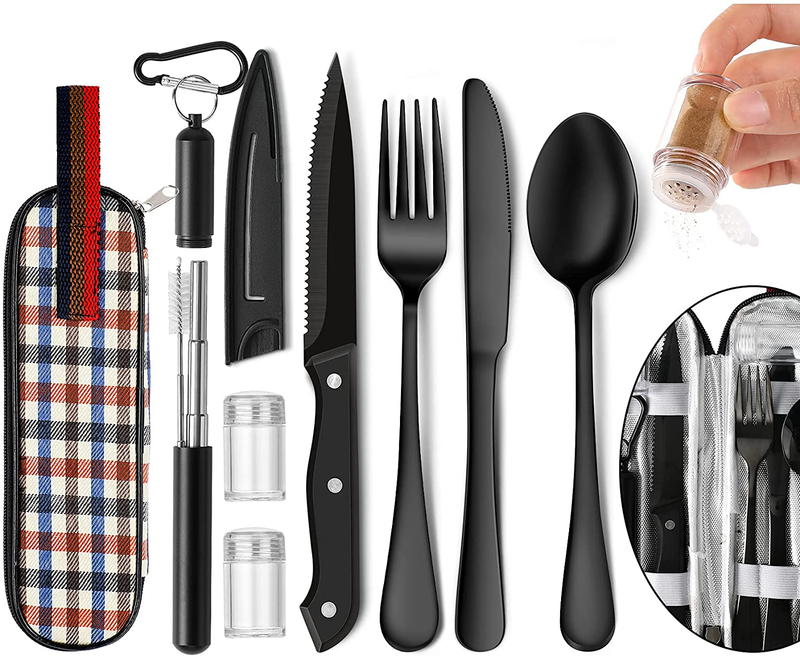 Portable Travel Utensils Set, Travel Camping Cutlery Set, Reusable Stainless Steel Flatware Set with Case for Office School Picnic (Black) Home & Garden > Kitchen & Dining > Tableware > Flatware > Flatware Sets NETANY Black  