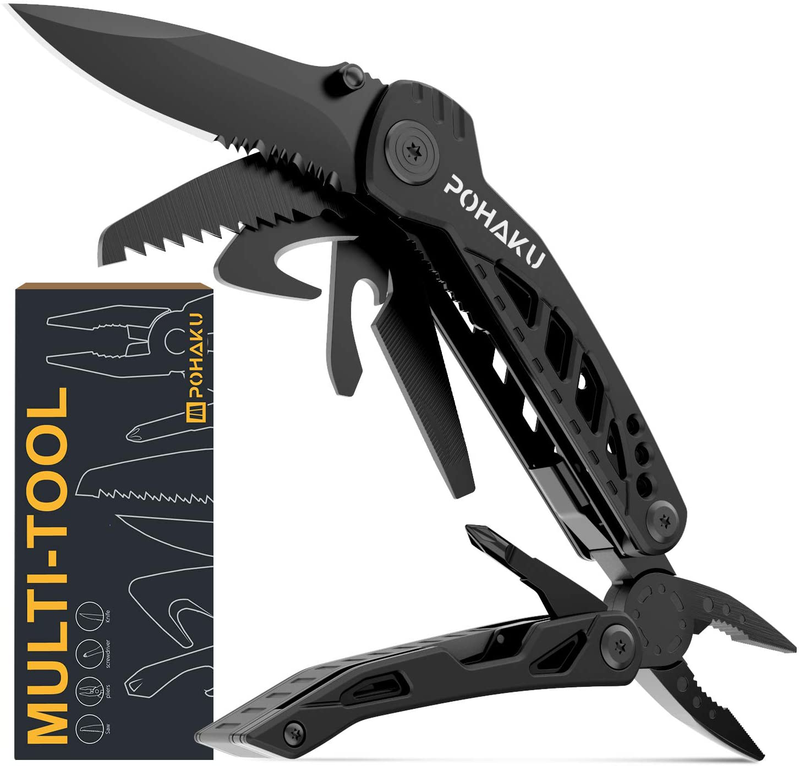 Multitool Knife, Pohaku 13 in 1 Portable Multifunctional Multi Tool with 3" Large Blade, Spring-Action Plier, Safety Locking Design, and Durable Pouch for Outdoor, Camping, Fishing, Survival and More Sporting Goods > Outdoor Recreation > Camping & Hiking > Camping Tools Pohaku A-Black  