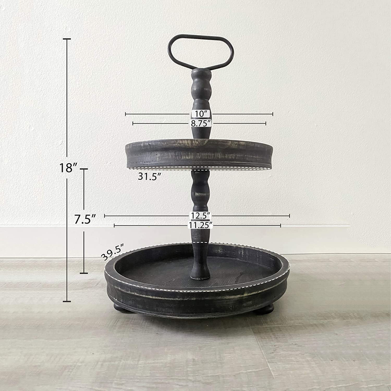 Paper and Pallet Wood Tiered Serving Stand, Two Tiered Tray, Rustic Farmhouse Kitchen Decor with Metal Handle and Distressed Finish for Coffee Bar Decor, or Cupcake Stand (Black) Home & Garden > Decor > Decorative Trays Olivia & Jane   