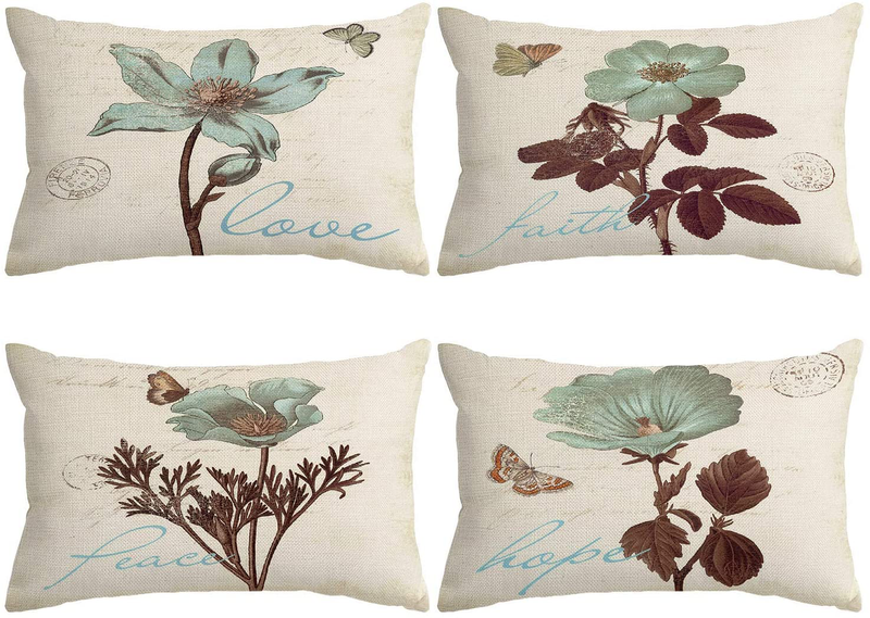 Monkeysell Pack of 4 Throw Pillow Covers 18 X 18, Decorative Floral Linen Pillow Cover for Living Room Bedroom, Couch Sofa Chair Bed Pillow Covers Home Outdoor, Set of 4 Pillowcases Only Home & Garden > Decor > Chair & Sofa Cushions Monkeysell 12"x20"  