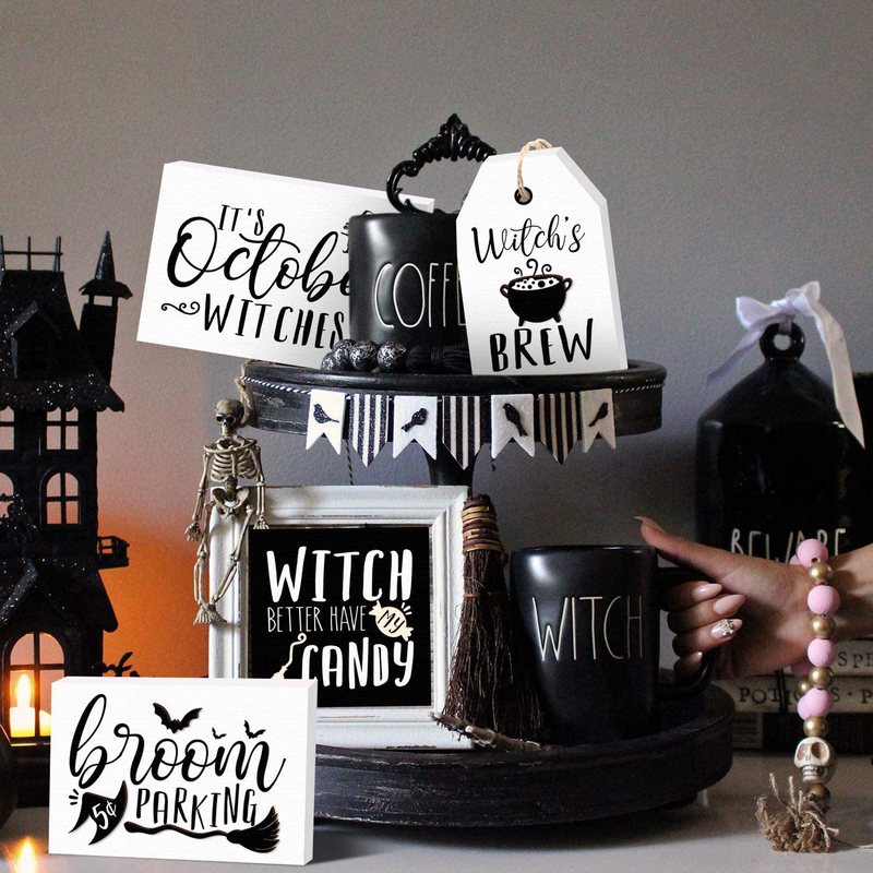 Huray Rayho Halloween Witches Tiered Tray Decorations Rustic Halloween Poison Candy Bar Signs Vintage Black and White Rae Dunn Decor Farmhouse Autumn Fall Supplies Set of 4 Home & Garden > Decor > Decorative Trays Huray Rayho Default Title  