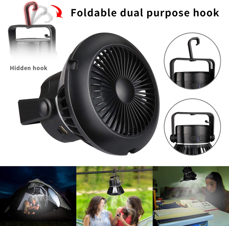 Misby Portable LED Camping Lantern with Ceiling Fan - Outdoor Tent Fan with Hook, Rechargeable Personal Desk Fan and Power Bank, 180° Quiet Battery Operated USB Table Fan for Fishing, Home, Office Sporting Goods > Outdoor Recreation > Camping & Hiking > Tent Accessories Misby   