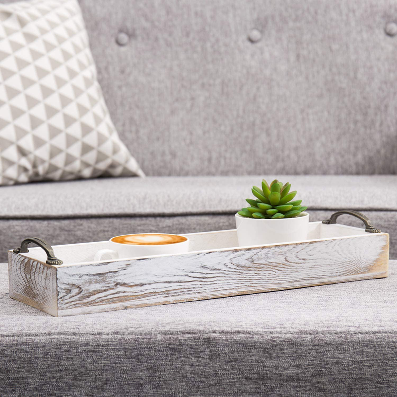 MyGift Whitewashed Wood Rectangular Party Serving Tray with Side Handles