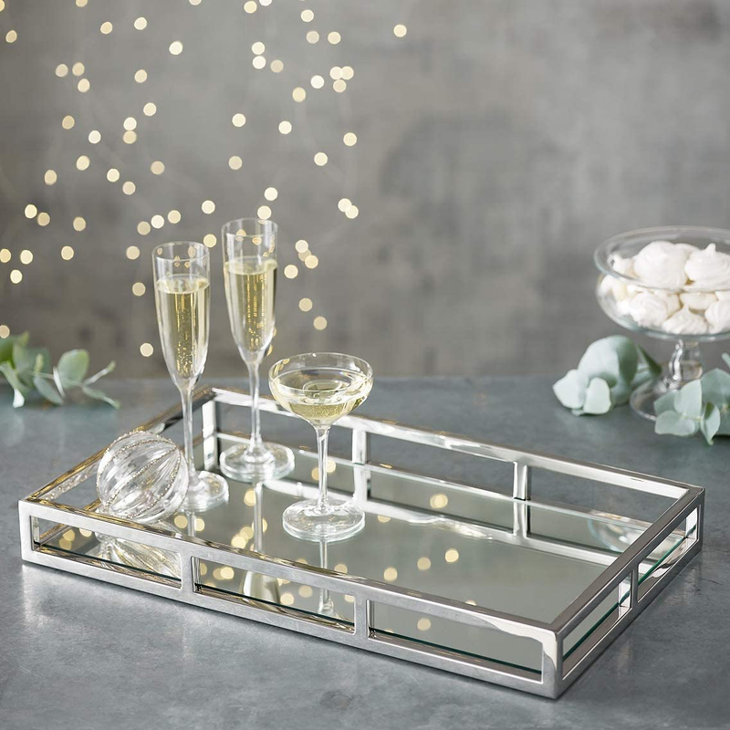 Le'raze Mirrored Vanity Tray, Decorative Tray with Chrome Rails for Display, Perfume, Vanity, Dresser and Bathroom, Elegant Mirror Tray Makes A Great Bling Gift –16X10 Inch