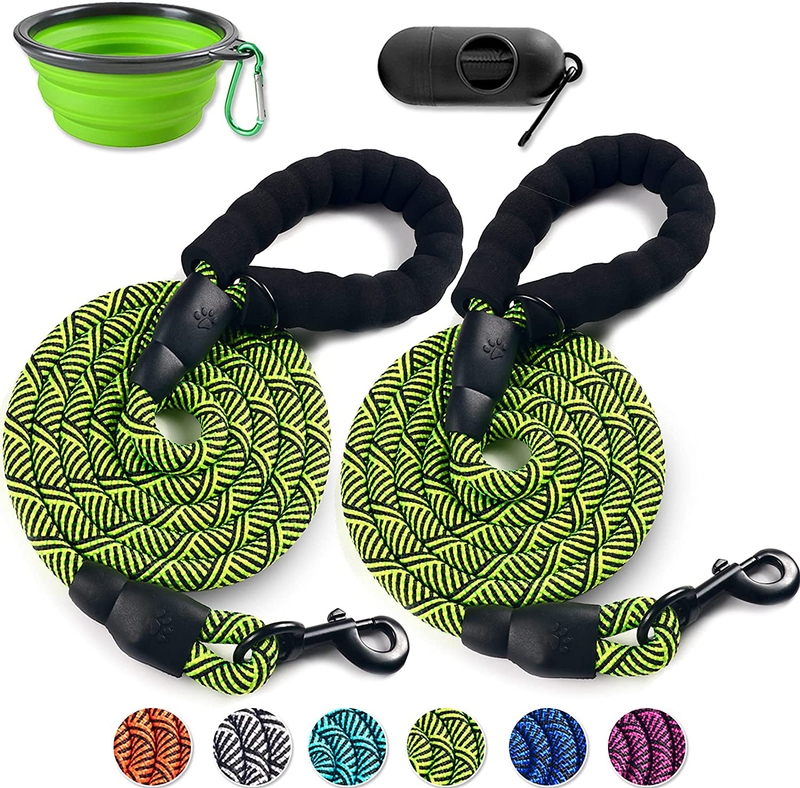 COOYOO 2 Pack Dog Leash 5 FT Heavy Duty - Comfortable Padded Handle - Reflective Dog Leash for Medium Large Dogs with Collapsible Pet Bowl Animals & Pet Supplies > Pet Supplies > Dog Supplies COOYOO Non-reflective-2 Pack Green 0.5in. x 6ft.(for dogs weight 18-120lbs.) 