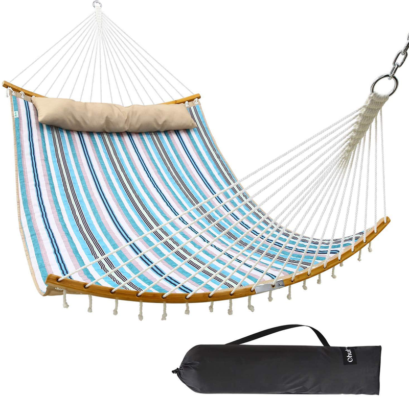 Double Hammock Swing Quilted Fabric, Portable Hammocks with Folding Bamboo Curved Bar & Pillow, Ohuhu 55" x 75" Large 2 Person Hammock for Indoor Outdoor, Tree Hammock for Yard Porch Garden Balcony Home & Garden > Lawn & Garden > Outdoor Living > Hammocks Ohuhu Blue & White Stripe  