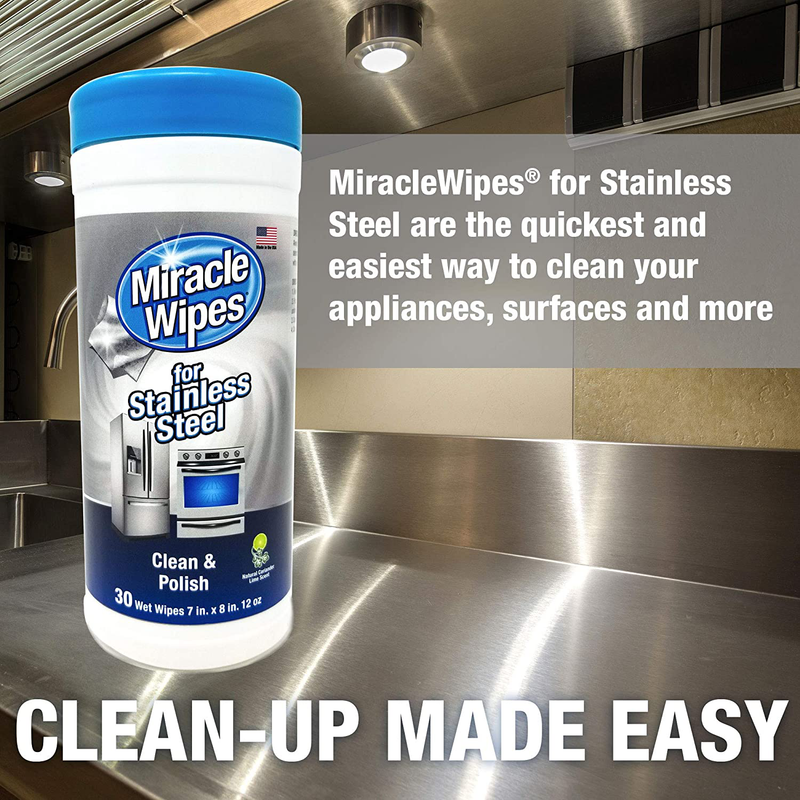 MiracleWipes, Stainless Steel Wipes, Cleaner Wipes for Kitchen and Home Appliances, Including Oven, Refrigerator, Dishwasher, Microwave, Sink, Hood, and Grill, Removes Fingerprints and Smudges, Includes Microfiber Cloth - 30 Count
