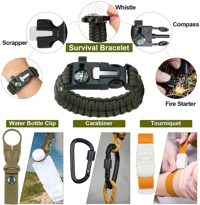 KOSIN Survival Gear, 18 in 1 Emergency Survival Kit, Professional Tactical Defense Equitment Tool with Knife Blanket Bracelets Backpack Temperature Compass Fire Starter for Adventure Outdoors Sport