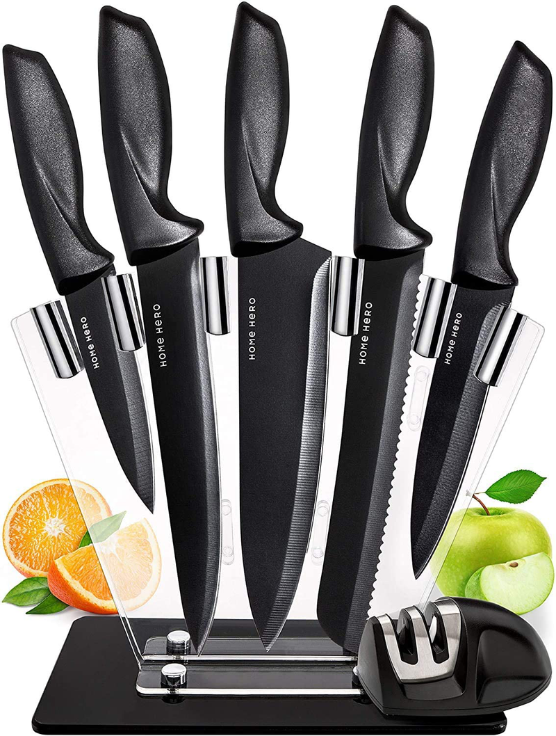Home Hero Chef Knife Set Knives Kitchen Set Stainless Steel Kitchen Knives Set Kitchen Knife Set with Stand, Professional Knife Sharpener 7 Piece Set ( Stainless Steel Blades with Non-Stick Coating ) Home & Garden > Kitchen & Dining > Kitchen Tools & Utensils > Kitchen Knives Home Hero Black  