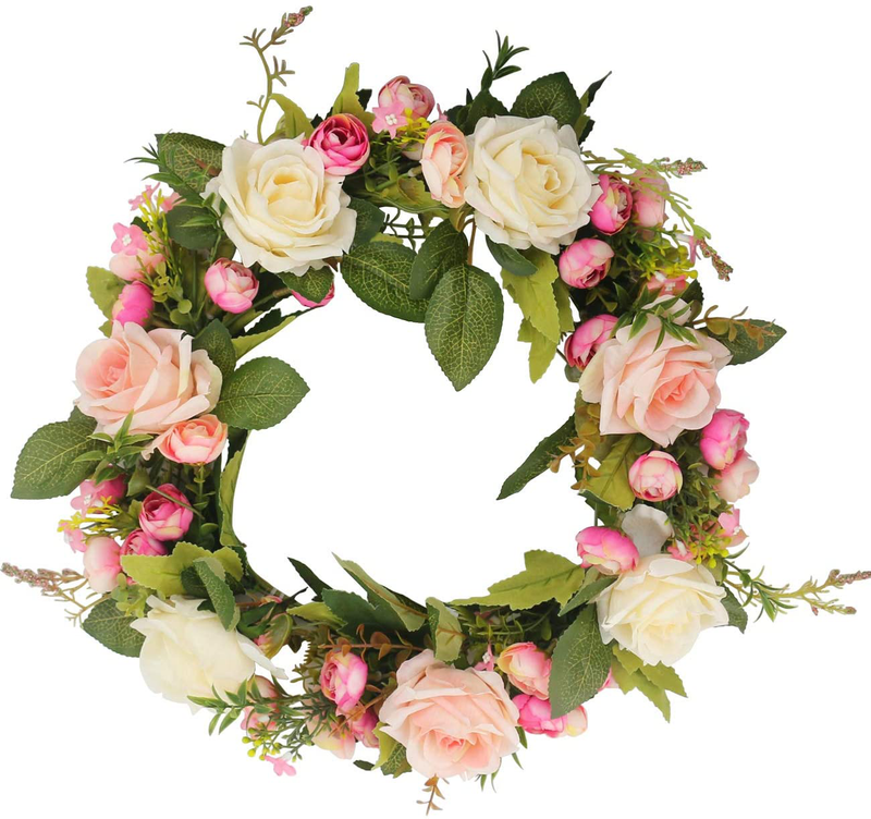 Ogrmar Artificial Flower Wreath/Handmade Floral Artificial Simulation Rose Flowers Garland Wreath for Home Front Door Christmas Wedding Party Decoration (Rose)