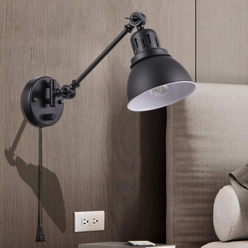Plug in Wall Sconces Set of 2, Tausende Swing Arm Wall Lamp with Plug in Cord Industrial Black Wall Sconce Fixture with On/Off Switch Indoor Wall Mounted Reading Lighting Fixture for Bedroom Bedside Home & Garden > Lighting > Lighting Fixtures > Wall Light Fixtures Tausende   