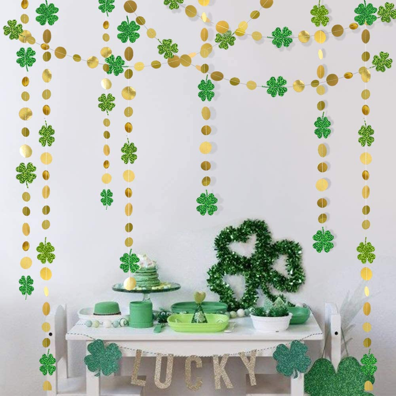 Gold Circle Dots Glitter Shamrock Clover Garland for St Patrick’S Day Decoration Lucky St Patricks Day Decor Spring Party Hanging Streamer Backdrop for Irish Baby Shower Birthday Party Supplies