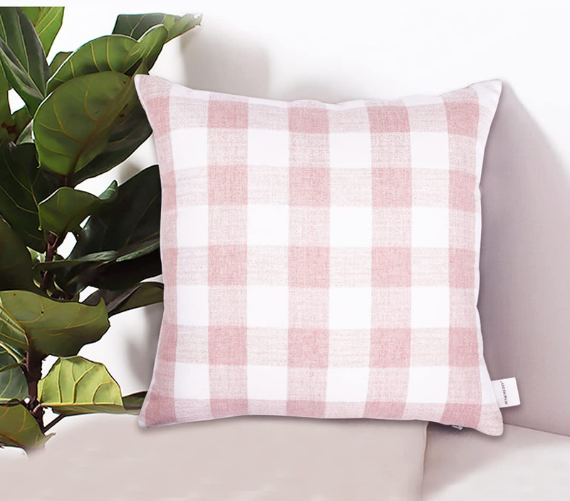 JES&MEDIS Square Cotton Pillowcases Cushion Covers with Checkered Pattern Throw Pillow Covers, 18X18 Inch, Pink, Set of 2, No Pillow Insert