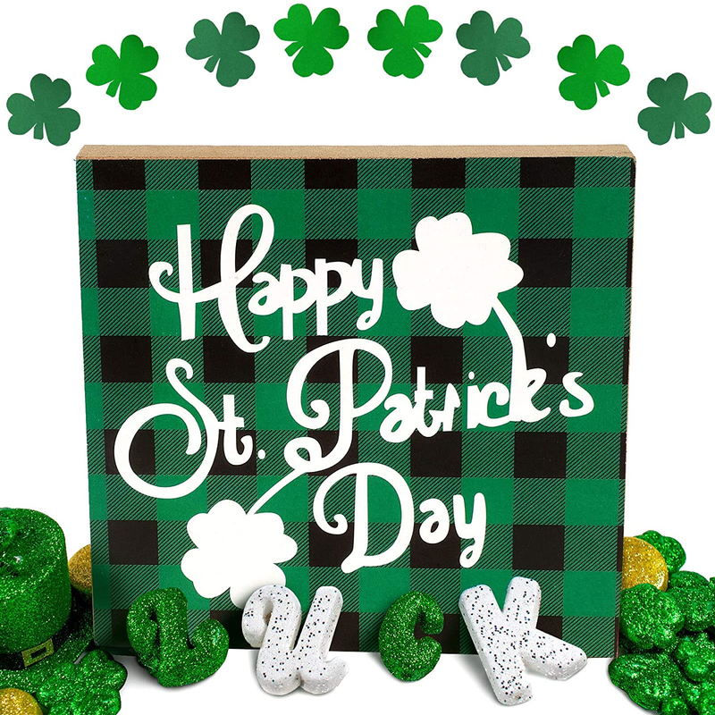 Hicarer 2 Pieces St. Patrick'S Day Decorative Wood Sign Happy St Patrick'S Day Shamrock Clover Plaid Print Wood Block for St Patrick'S Day Decorations Supplies