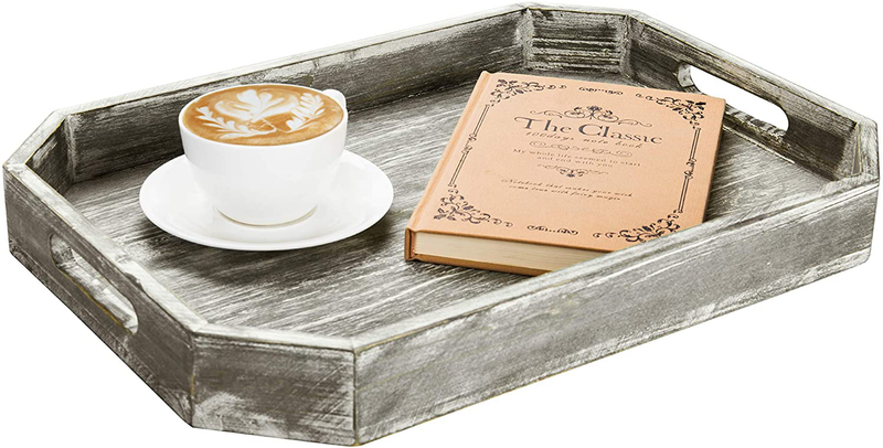 MyGift Rustic Dark Gray Wood Serving Breakfast Tray, Ottoman Coffee Table Tray with Cut-out Handles and Angled Edges