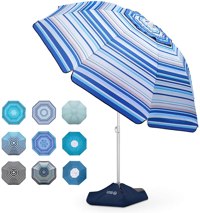 OutdoorMaster Beach Umbrella with Sand Bag - 6.5ft Beach Umbrella with Sand Anchor, UPF 50+ PU Coating with Carry Bag for Patio and Outdoor - Navy Striped