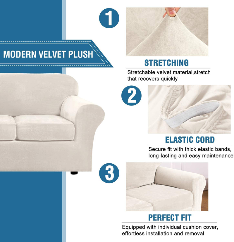 Real Velvet Plush 3 Piece Stretch Sofa Covers Couch Covers for 2 Cushion Couch Loveseat Covers (Base Cover Plus 2 Individual Cushion Covers) Feature Thick Soft Stay in Place (Medium Sofa, Ivory) Home & Garden > Decor > Chair & Sofa Cushions H.VERSAILTEX   