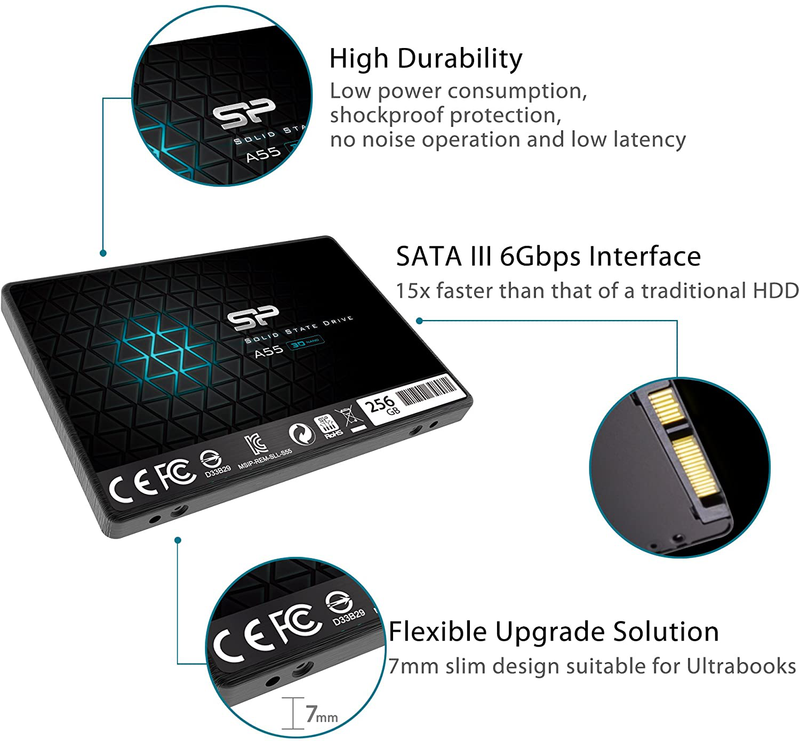 SP 256GB SSD 3D NAND A55 SLC Cache Performance Boost SATA III 2.5" 7mm (0.28") Internal Solid State Drive (SP256GBSS3A55S25)