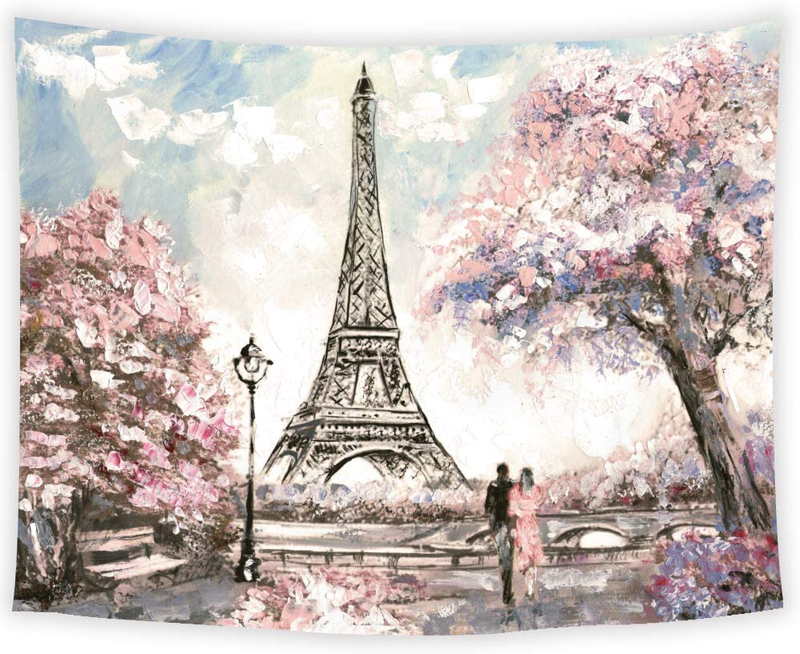 SVBright Oil Painting Paris Tapestry 59Hx78W Inch Eiffel Tower Pink Tress Love Couple European City France Art Wall Hanging Bedroom Living Room Dorm Decor Fabric Home & Garden > Decor > Artwork > Decorative Tapestries SVBright Pink and Blue 59Hx78W 