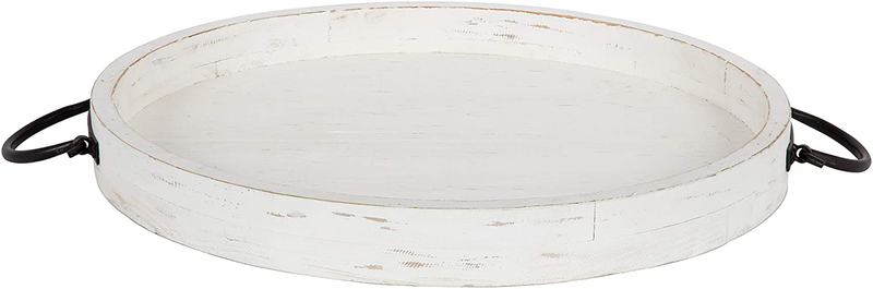 Kate and Laurel Marmora Rustic Round Decorative Tray with Pieced Wood Base and Black Metal Handles, 18-inch Diameter Home & Garden > Decor > Decorative Trays Kate and Laurel White  