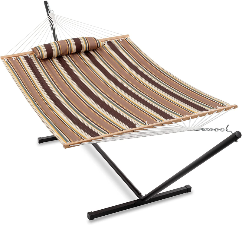 Gafete Large Thicker Hammock with Stand Included 2 Person Heavy Duty Outside Portable Cotton Double Hammocks with Hardwood Spreader Bar and Pillow for Outdoor, Max 475lbs Capacity ( Navy ) Home & Garden > Lawn & Garden > Outdoor Living > Hammocks gafete Brown  