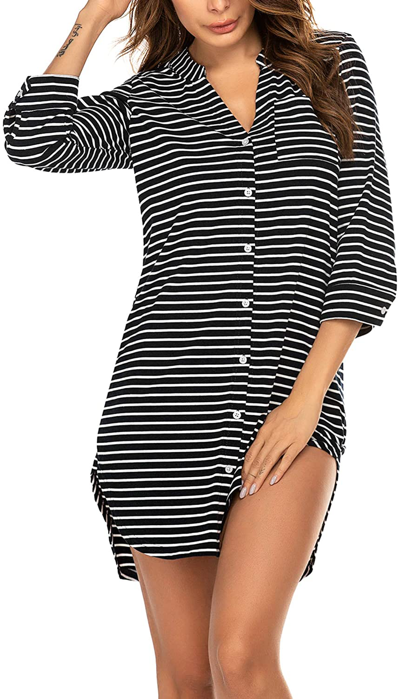 Ekouaer Women'S Nightgown Striped Sleepwear 3/4 Sleeves Nightshirts Soft Button Sleep Dress Home & Garden > Decor > Seasonal & Holiday Decorations Ekouaer Black Striped Large 